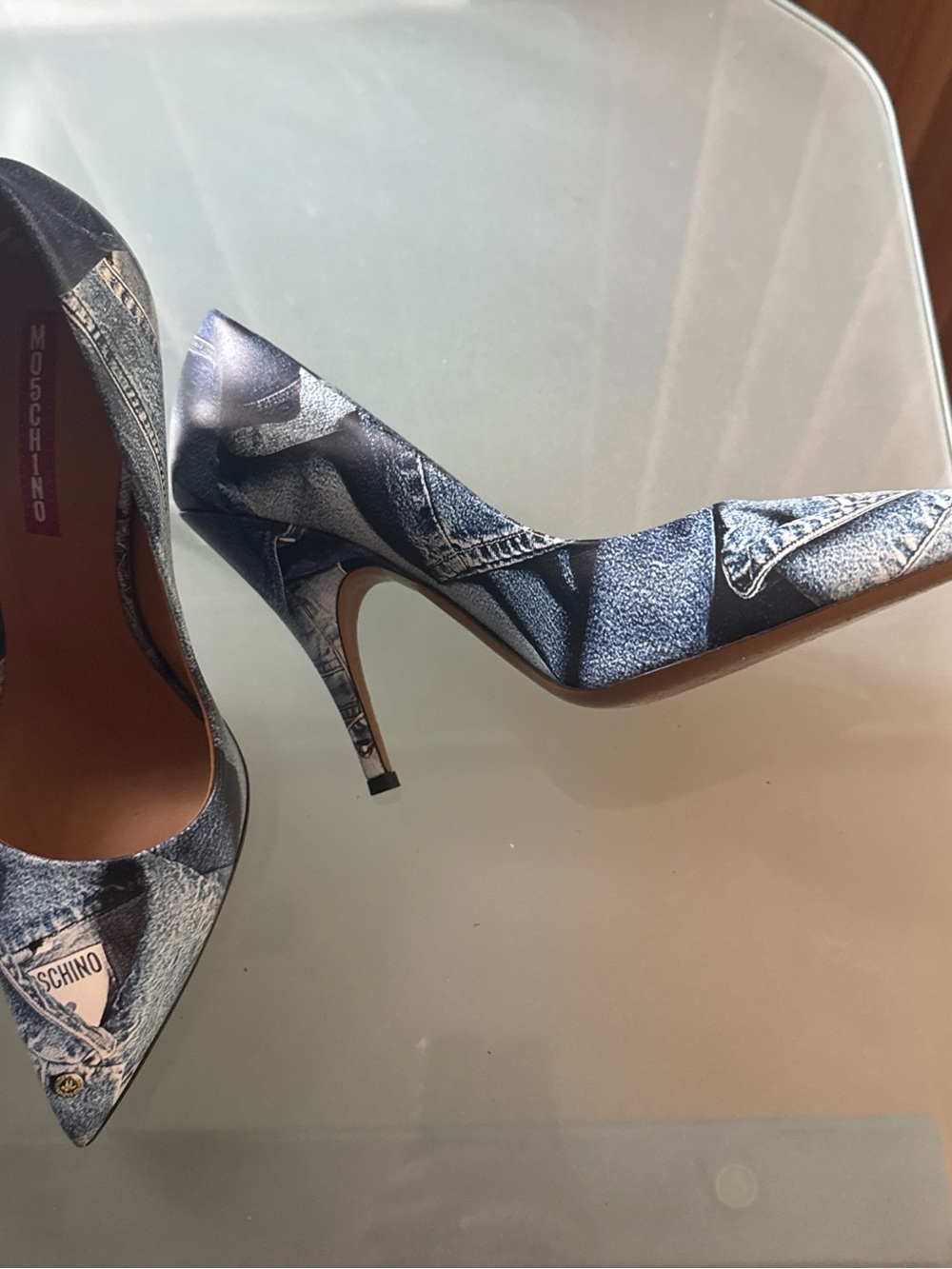 Moschino Denim-Print Pointed-Toe Stiletto Pumps in Blue